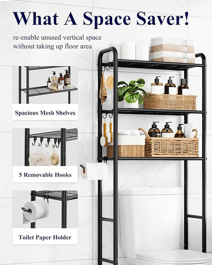 Kitsure Over Toilet Storage Rack - Metal Over Toilet Bathroom Organizer Shelf, Over the Toilet Storage Cabinet with Paper Holder and Hooks, Bathroom Cabinet for Laundry, Black, 3 Tiers (63.2" H)