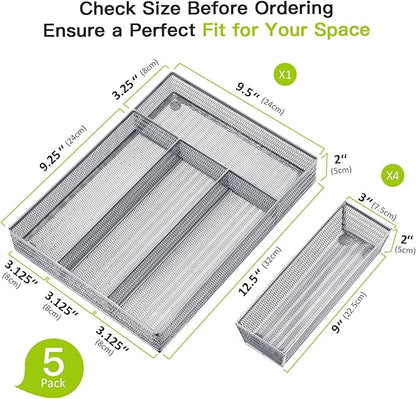 Neudeco Drawer Organizer Set, Silver, 5 Pack | 4-Compartment Silverware Tray, 4 Utensil Trays, Silver Mesh, Non-Slip, For Flatware, Cutlery, Office Supplies