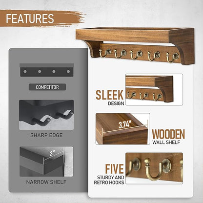 Rebee Vision Acacia Wood Farmhouse Key Holder Wall Mount for Room Decor – Retro Key Holder for Wall with Shelf for Cute Things– Stylish Home Storage for Apartment Essentials (Acacia Wood)