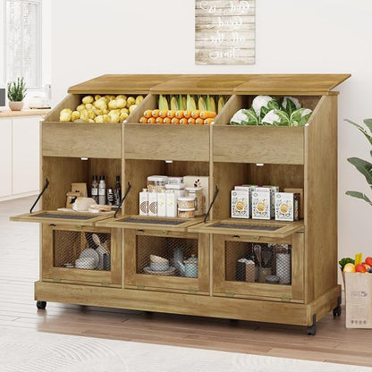 Large Potato Storage Bin, Wooden Bread Bins with Wheel, Onion Storage Bin, Storage Box for Kitchen Pantry, Brown