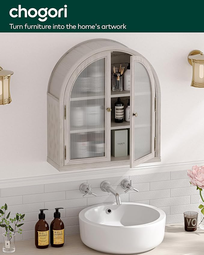 Chogori Arched Bathroom Wall Cabinet, 27x24x9 Inch Over The Toilet Storage Cabinet with Acrylic Doors & 3 Adjustable Shelves, Wall Mounted Cabinet for Bathroom, Kitchen, Laundry Room, Gray