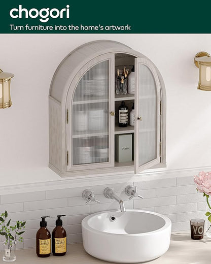 Chogori Arched Bathroom Wall Cabinet, 27x24x9 Inch Over The Toilet Storage Cabinet with Acrylic Doors & 3 Adjustable Shelves, Wall Mounted Cabinet for Bathroom, Kitchen, Laundry Room, 2PCS, Gray