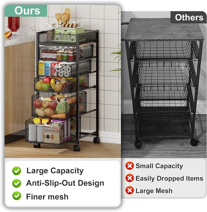 keomaisyto 6-Tier Kitchen Storage Cart with Top Basket & Drawers, Utility Fruit Vegetable Storage Rack on Lockable Wheels, Metal Rolling Snack Cart, Kitchen Organization for Potatoe Onion Can Spice