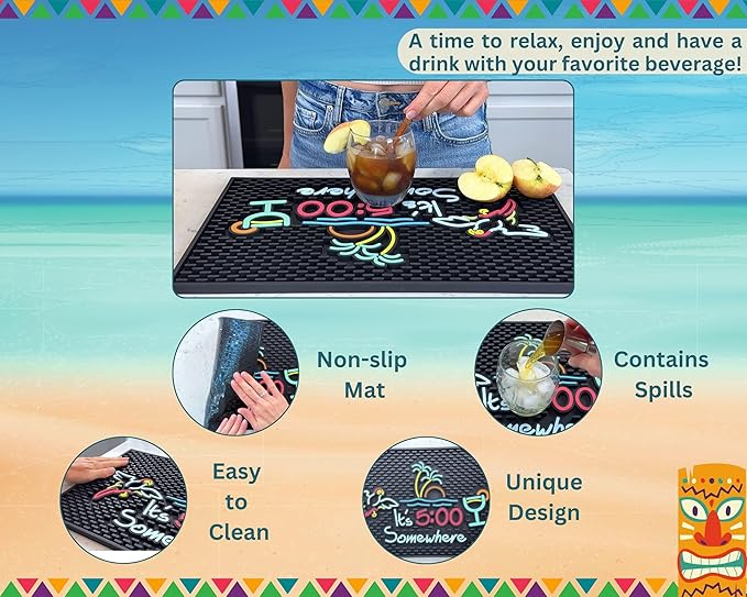 It's 5:00 Somewhere Tiki Bar Mat 18x12 in, Bar Mats for Bartending for Hawaiian Decorations, Luau Party Decorations & Hawaiian Party Decorations, Bar Mats for Countertop, Tiki Bar Essentials