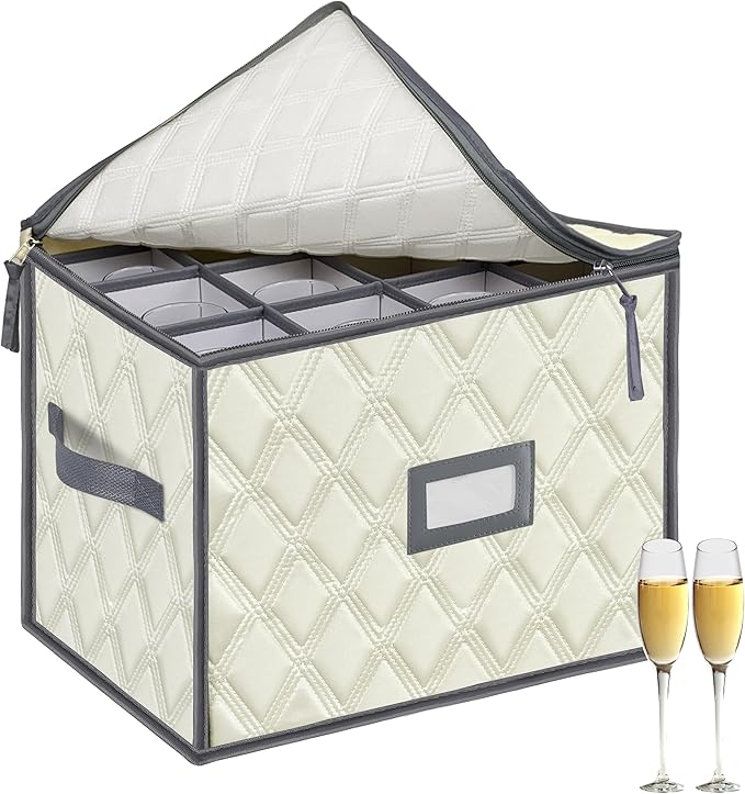Champagne Flute Storage Box,Quilted Stemware Storage Box Shell, Stackable Champagne Glass Container,Wine Glass, Crystal Glassware, Drinkware Case for Moving Transport