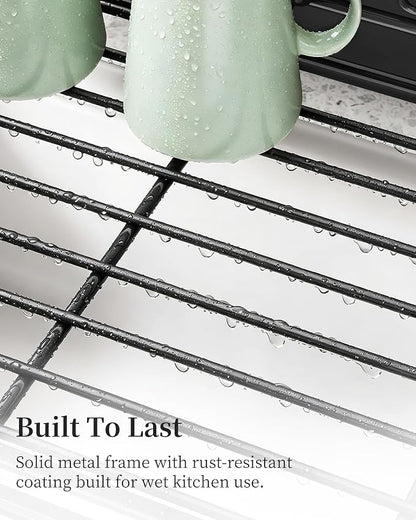SAYZH Expandable Dish Drying Rack for Kitchen Counter, Metal, Black | Foldable Over Sink, Large Capacity, Rust-Resistant, Adjustable for Most Sinks, Automatic Drainage, Removable Utensil Holder