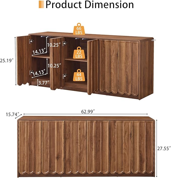 ORRD Sideboard Buffet Cabinet with Storage, Low Storage Cabinet Modern Wooden Accent Credenza Console Table TV Stand with 6 Wave Panel Doors for Kitchen Dining Living Room Entryway, Walnut