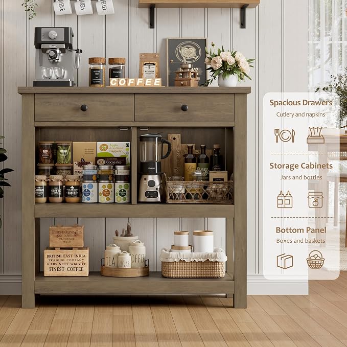 HOSTACK Farmhouse Console Table with 2-Door Cabinet & 2 Drawers, Coffee Bar, Entryway Table with Storage Shelf, Sofa Tables Buffet Sideboard for Kitchen, Hallway, Dining, Living Room, Rustic Brown