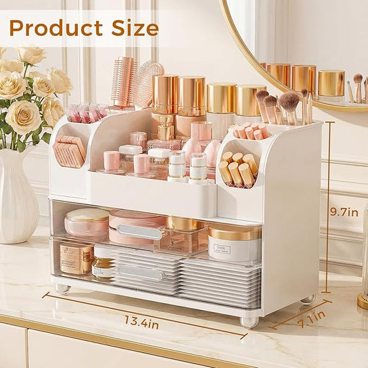 Makeup Organizer for Vanity with Drawers, Large Countertop Makeup Organizer - Skincare Storage, Brush Holder, Perfume & Cosmetics Display Case (White)