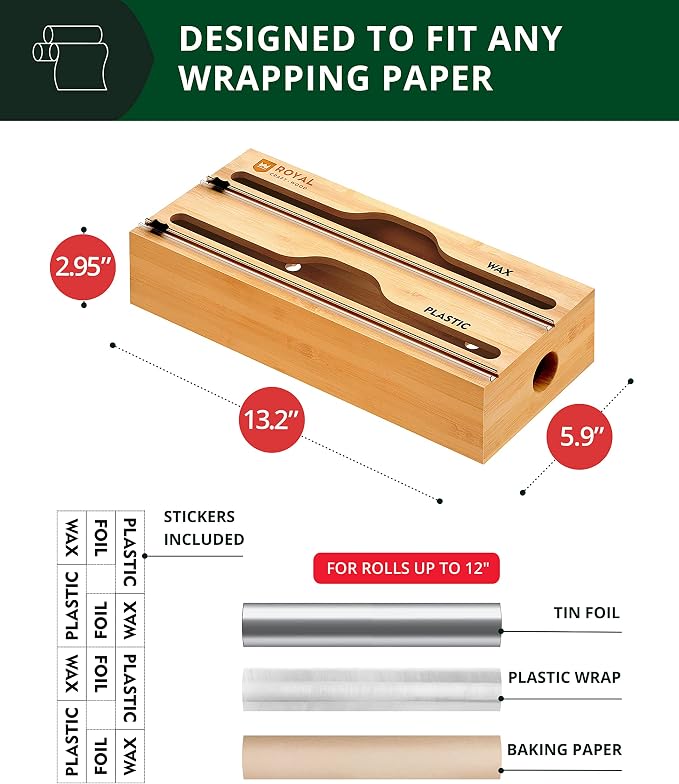 ROYAL CRAFT WOOD Bamboo Kitchen Foil and Plastic Wrap Organizer for Drawer with Cutter 2-Slots