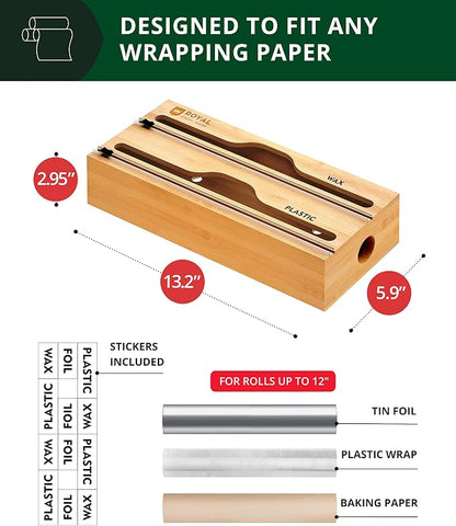 ROYAL CRAFT WOOD Bamboo Kitchen Foil and Plastic Wrap Organizer for Drawer with Cutter 2-Slots
