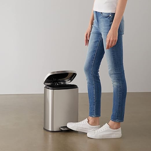 Amazon Basics Smudge Resistant Small Rectangular Step Pedal Trash Can with Soft-Close Lid, Removable Inner Bucket, Brushed Stainless Steel, 12 Liter/3.1 Gallon, Satin Nickel Finish