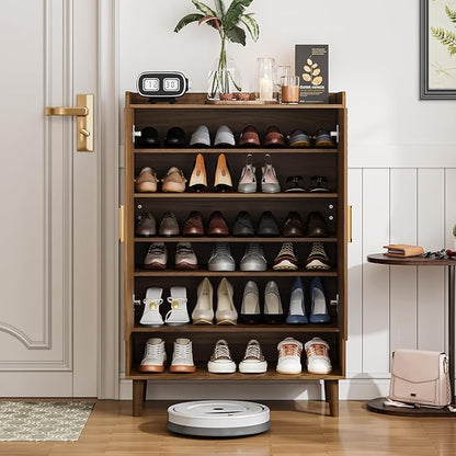Shoe Cabinet with Doors, 6-Tier Shoe Storage Cabinet with Adjustable Shelves,Freestanding Shoes Rack Shoe Storage Organizer for Entryway, Hallway, Closet (Walnut)