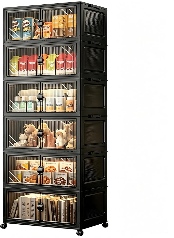 6-Tier Foldable Storage Cabinet with Wheels & Lid, 291QT Extra Large Stackable Organizer, No Tool Required, Storage Cabinet for Garage, Home Office, Pantry, Kitchen, Dorm