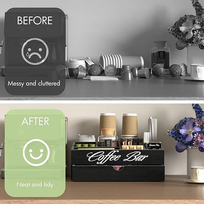 Suli Coffee Bar Station Organizer,Extra Large Wooden Countertop Pods Holder with Drawer,Storage for Condiment Syrup Tea Cups,Rustic Bar Decor for Accessories Organizer (2 Tiers 11 Compartments)-Black