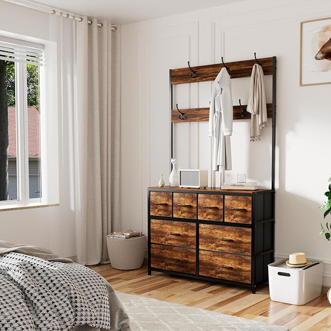 Wardrobe Closet with 8 Drawers, 69" H Freestanding Clothing Rack, Large Capacity Storage Organizer with 6 Double Hooks for Bedroom Dorm Room Apartment (Rustic Brown)