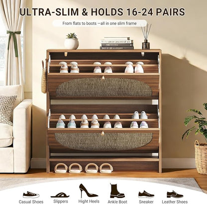 Nicetree Freestanding Ultra Slim Arched Rattan Accent Shoe Storage Cabinet for Entryway - 2 Flip Drawers & 3-Tier Adjustable Shelves, Farmhouse Modern Rustic Shoe Rack for Hallway Foyer,Oak