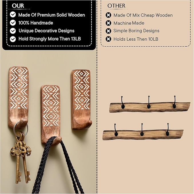 Indian Shelf Boho Decorative Wood Adhesive Wall Hooks for Hanging Coats, Keys, Leash, Hat, Towel Holder, Cute Sticky Key Holder, White & Brown Western Wall Décor (6 Hooks 12 Strips)