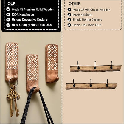 Indian Shelf Boho Decorative Wood Adhesive Wall Hooks for Hanging Coats, Keys, Leash, Hat, Towel Holder, Cute Sticky Key Holder, White & Brown Western Wall Décor (6 Hooks 12 Strips)