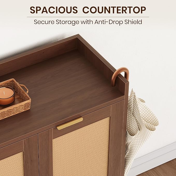 Shoe Cabinet, 41" Tall Rattan Shoe Storage Organizer Cabinet, Adjustable Shelves, 6-Tier Farmhouse Boho Wooden Storage Cabinet for Entryway Hallway Closet Bedroom,Walnut