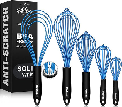 Eddeas Silicone Whisk, Non Scratch Whisk for Cooking, 5+7+9+11in Balloon Whisks, Suitable for Mixing, Blending. 11in Flat Whisks great for Ceramic Coated pans and Wider shallower pots. (Blue)