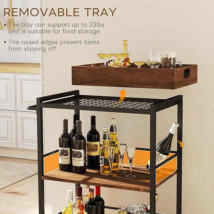 3 Tier Kitchen Cart, Rolling Bar Cart for Tea, Coffee, Liquor, and Drink Service with Removable Serving Detachable Server, Walnut
