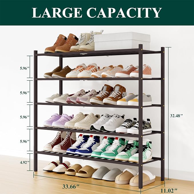 Smiry Long Bamboo Shoe Rack, 5 Tier Free Standing Wooden Shoe Organizer, Stackable Wood Shoe Storage Shelf for Closet, Entryway, 12 Vertical Slats, 2+2+1 Stack Standard Legs, 33.7"x11"x32.5", Brown