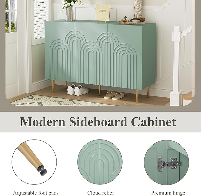 ARTPOWER 47" Sideboard Buffet Cabinet with 3 Doors - Accent Modern Cloud Relief Decorative Credenza with Storage for Living Room, Kitchen, Dining Room, Hallway, Entryway, Green