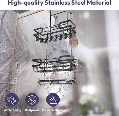 SWTYMIKI Over the Door Shower Caddy Hanging with Double Soap Holder, Hanging Shower Organizer with 16 Hooks, No Drilling Shower Shelves Over Door, Bathroom Rack and Storage, Black