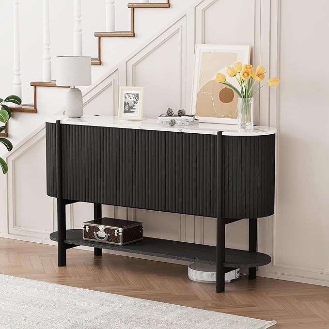Console Table with Storage, Fluted Entryway Table with 2 Doors and Open Shelf, Long Sofa Table Behind Couch for Living Room, Hallway (Black)