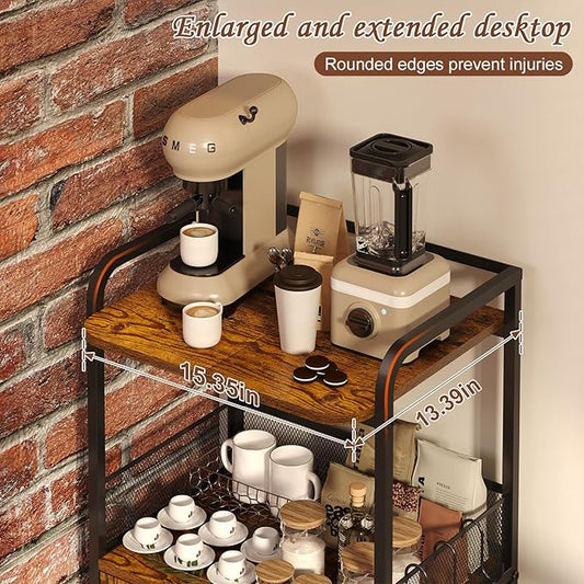 Hencawima Small Coffee Bar Cabinet with Storage, 3-Tier Rolling Coffee Bar Table, Farmhouse Coffee Cart Station with 2 Doors for Living Room, Dining Room, Rustic Brown
