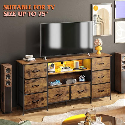 WLIVE TV Stand Dresser for 65,70 inch TV, Entertainment Center with LED Lights & 8 Long Fabric Drawers, Dresser TV Stand for Bedroom and Living Room, Rustic Brown