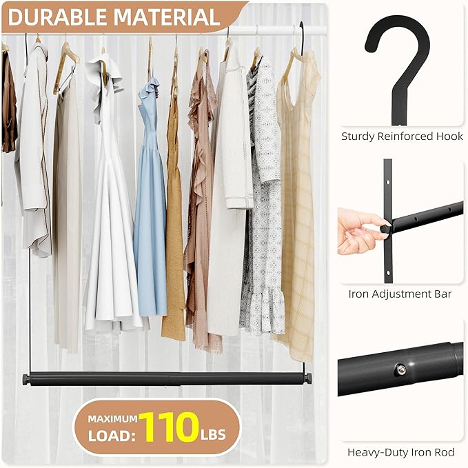 STORAGE MANIAC Adjustable Closet Rod for Hanging Clothes, 2 Pack Black | Expandable 17.9"-29.7" Heavy-Duty Metal Closet Hanging Rod with 9 Height Adjustments, Space-Saving Double Closet Organizer