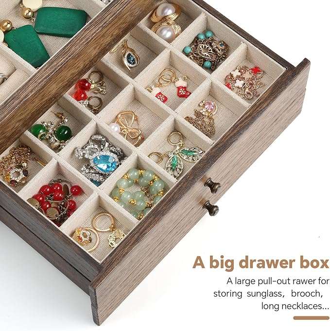 Meangood Jewelry Box Organizer for Women, 3 Layer Large Jewelry Storage Case, Rustic Wooden Jewelry Box with Mirror & Ring Tray for Necklace Earring Bracelets Rings, Vintage Style (Walnut)