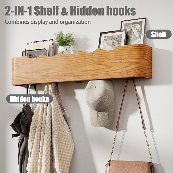 Coat Rack Wall Mount with Shelf 5 Hidden Hooks Modern Wooden Key Holder Entryway Organizer for Hallway Bedroom Bathroom Home Decor Storage for Hanging Coats Hats Bags Towels, Wave-Shape Oak