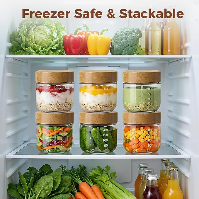 8oz Glass Jars with Airtight Lids - 3 Pack Overnight Oats Containers with Bamboo Lids, Small Food Containers with Measurement for Yogurt, Salad, Chia, Wide Mouth Mason Jar with Lid for Food Storage