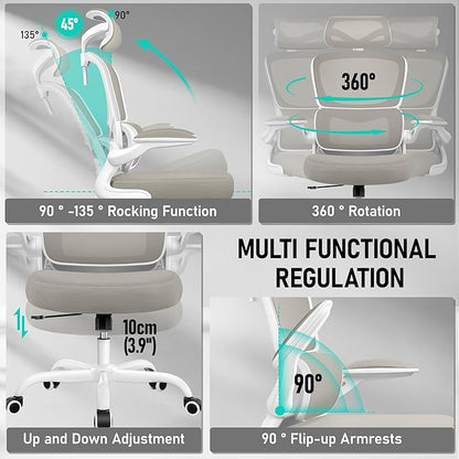 High Back Ergonomic Office Chair, Breathable Mesh Desk Chair with Lumbar Support, Adjustable Headrest, Flip-up Armrests, Computer Gaming Chair, (LightGray, 1Pack)