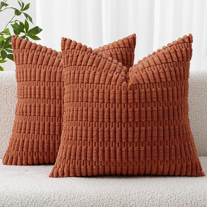 MIULEE Pack of 2 Rust Corduroy Decorative Euro Sham Pillow Covers 22x22 Inch Soft Boho Striped Throw Pillow Covers Modern Farmhouse Home Decor for Summer Sofa Living Room Couch Bed
