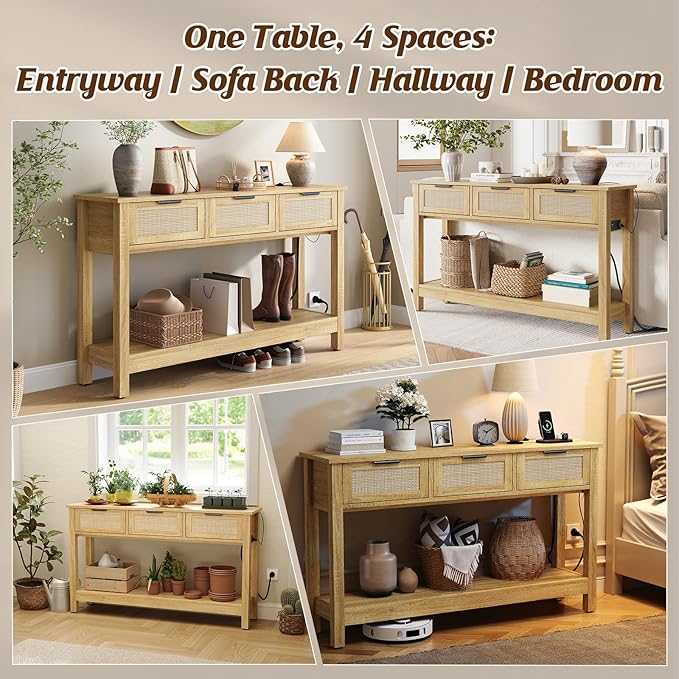 Rattan Entryway Table with 4-Port Charging Station (2 AC Outlets + USB/USB-C), 3 Drawers Storage & Open Shelf, Behind Couch Console Sofa Table for Hallway, Foyer - Natural Weave & Oak, 47 Inch