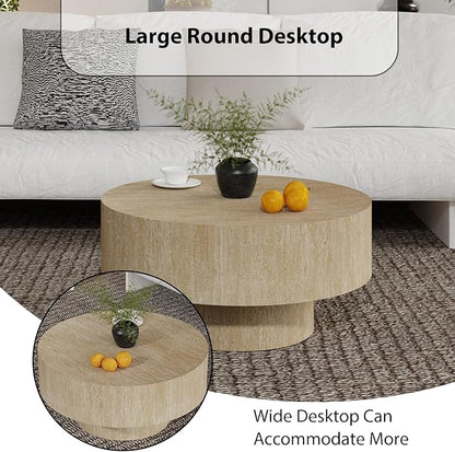 Round Coffee Table, Handcrafted Fluted Drum Coffee Tables Modern Wood Coffee Table Circle Drum Center Table for Living Room, Apartment (Travertine Round)