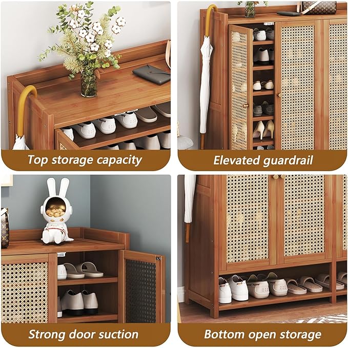 Bamboo Shoe Cabinet, 8-Tier Shoe Storage Cabinet with Doors, Freestanding Bamboo Shoe Rack Organizer with Shelves for Entryway, Hallway, Closet, Living Room