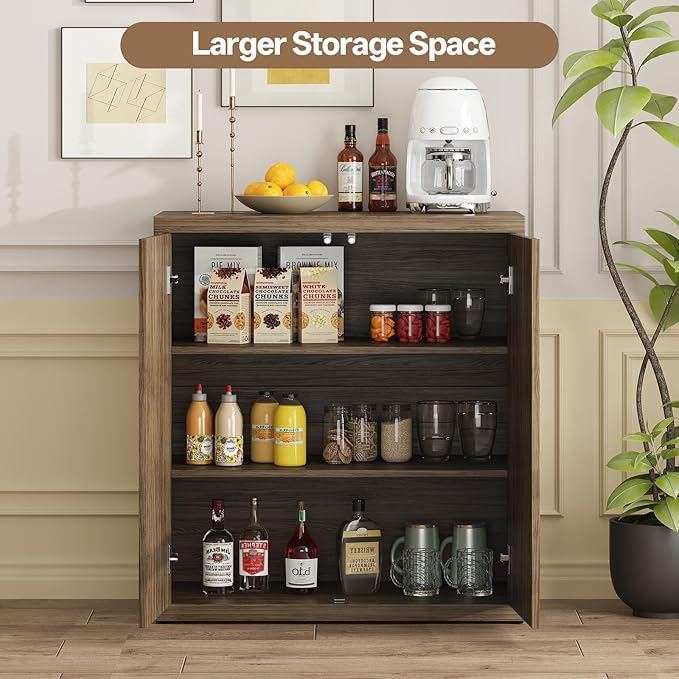 31” Sideboard Cabinet with Storage, Fluted Accent Cabinet with Adjustable Shelves, Modern Wood Credenza Cabinets with Pop-up Doors for Entryway Kitchen Living Room Hallway, Brown 2 Pcs