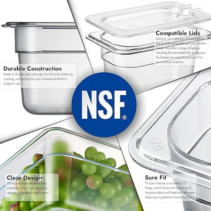 CURTA 6 Pack NSF Food Pans, 1/9 Size 4 Inch Deep, Commercial Polycarbonate Plastic Clear Freezer-Safe