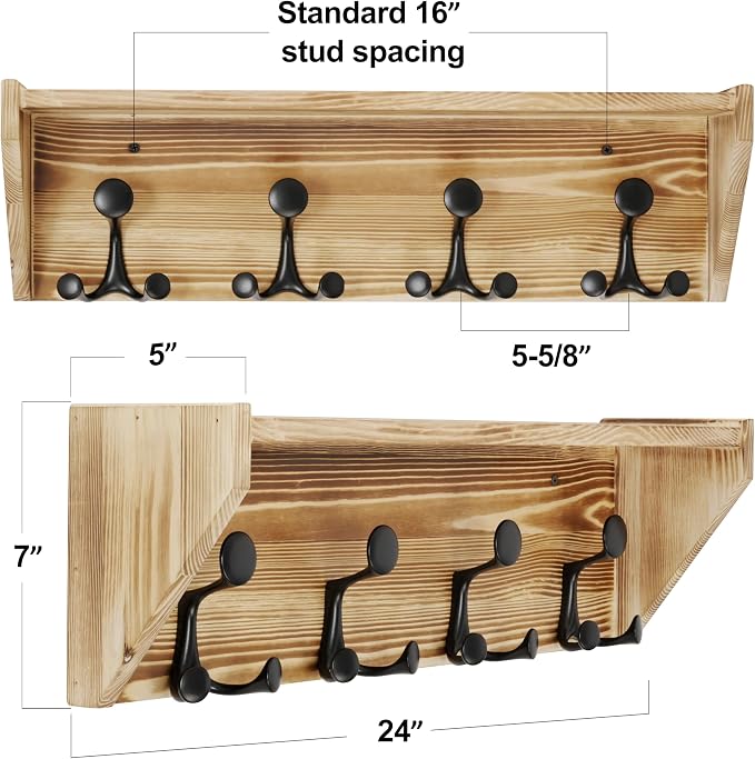 SKOLOO Wall Shelf with Hooks, 24-Inch Coat Rack Wall Mount with Shelf Organizer - Heavy Duty, 4 Tri Hooks - Perfect for Entryway, Hallway, Living Room, Bedroom, Mudroom, Wood Brown & Black