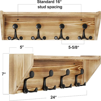 SKOLOO Wall Shelf with Hooks, 24-Inch Coat Rack Wall Mount with Shelf Organizer - Heavy Duty, 4 Tri Hooks - Perfect for Entryway, Hallway, Living Room, Bedroom, Mudroom, Wood Brown & Black