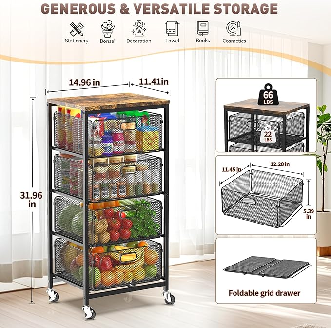 SUNALLY Rolling Kitchen Cart with Drawers, 4-Tier Utility Cart Fruit Vegetable Storage Cart with Lockable Wheels, Wooden Top Metal Kitchen Storage Organizer for Cans, Snacks, Beauty, Craft, Art, Black