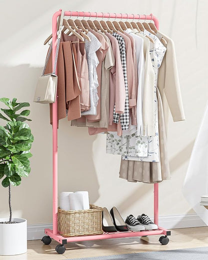 Clothes Rack - Clothing Rack with Storage Mesh Shelf & Casters, Heavy-Duty Metal Clothing Rack for Hanging Clothes, Dresses, Coats, Large Load Capacity, Easy Assembly, Pink, 28.0"x16.9"x59.0"