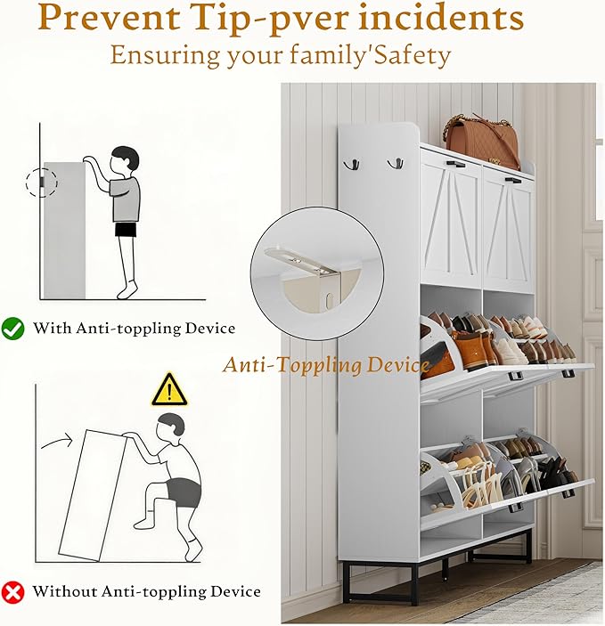 Shoe Cabinet Storage for Entryway, Shoe Storage Cabinet with 6 Flip Drawers, Freestanding Narrow Shoe Rack Organizer with Metal Legs for Foyer, Hallway, White