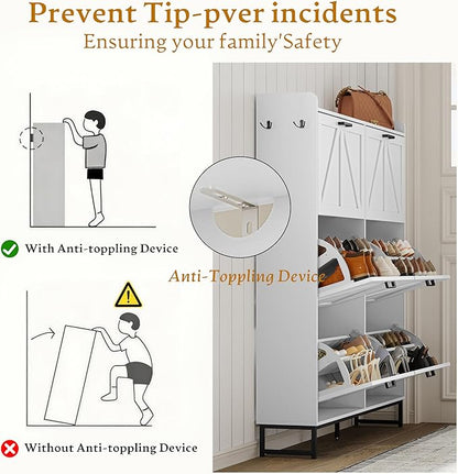 Shoe Cabinet Storage for Entryway, Shoe Storage Cabinet with 6 Flip Drawers, Freestanding Narrow Shoe Rack Organizer with Metal Legs for Foyer, Hallway, White