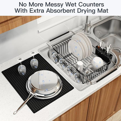MAJALiS Dish Drying Rack Over The Sink with Utensil Holder, Mat | Expandable Stainless Steel Dish Drainer for Small Kitchen, Apartment, RV, Counter Space Saving, Perfect Fit, Rustproof